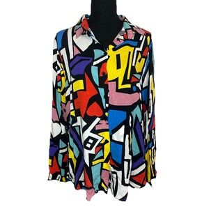 Big Dart Shirt Colorful Art‎ Blouse 80s 90s Y2K Retro Button Up Abstract US 12